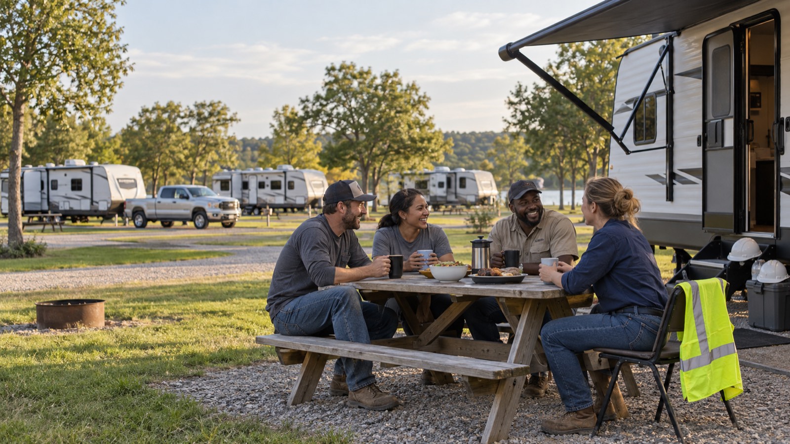 A work crew sharing a meal at a picnic table beside their RV, hard hats and hi-vis gear set aside for the evening