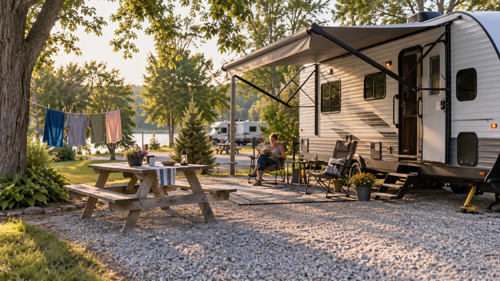 An RV settled in on a shaded long-term site, awning out and laundry drying on the line