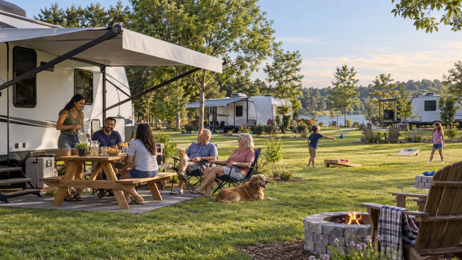 Families relaxing at their RV sites on a summer evening at Kivo Limestone
