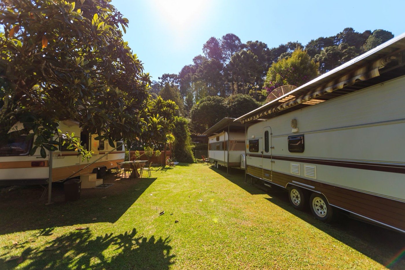 Travel trailers set up on grassy sites at a quiet RV park